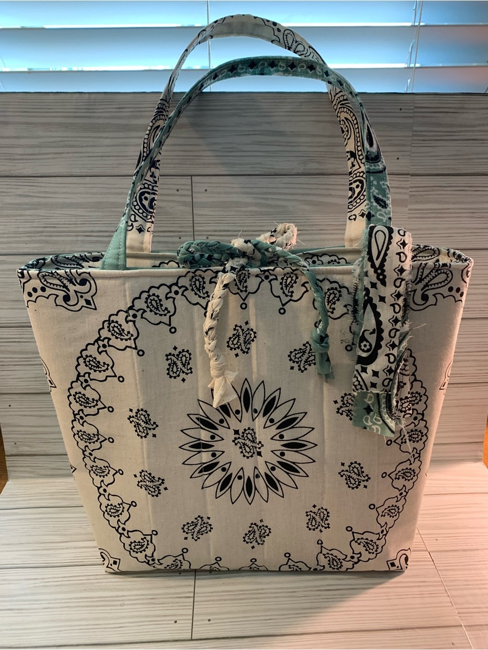 Handcrafted Cream & Teal Bandana Tote